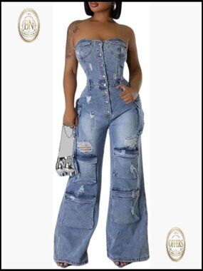 Denim Jumpsuit Strapless Wide Leg Loose Fit Multi Pockets